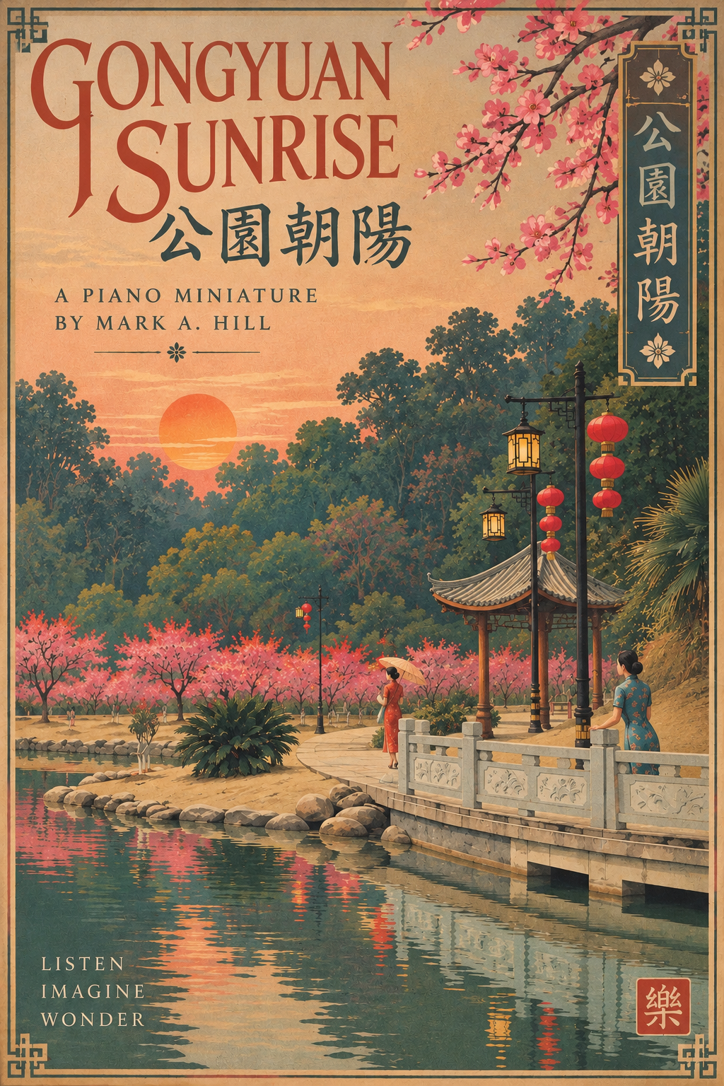 Gongyuan Sunrise artwork: a serene Chinese garden at sunrise with blossoms, pavilion, lanterns, and lake reflections
