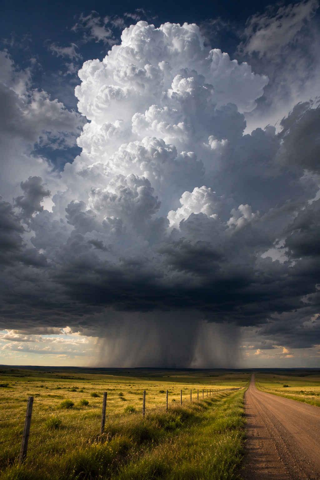 Towering Great Plains thunderstorm over an open road and grassland