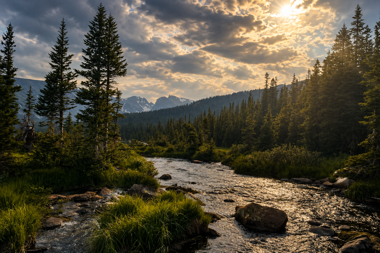 Mountain stream running through evergreen forest beneath sunlit clouds